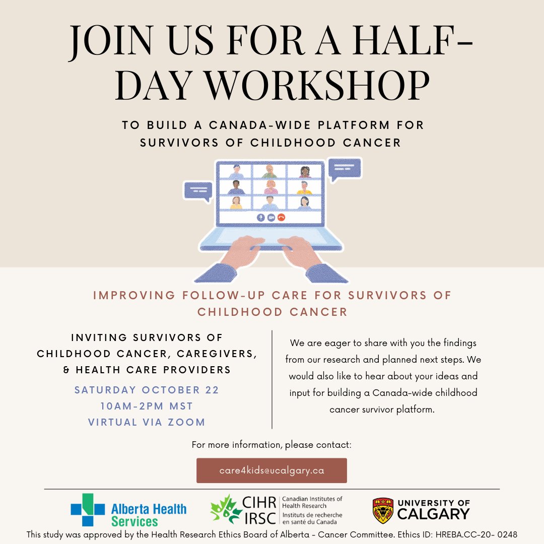 Psychosocial Care4Kids (@care4kids_yyc) on Twitter photo 10 DAYS UNTIL OUR HALF-DAY WORKSHOP - REGISTER NOW! We're inviting #survivors of #childhoodcancer, caregivers, and #healthcareproviders who live in Canada to give us input on a Canada-wide platform. Email care4kids@ucalgary.ca to register 10 DAYS UNTIL OUR HALF-DAY WORKSHOP - REGISTER NOW! We're inviting #survivors of #childhoodcancer, caregivers, and #healthcareproviders who live in Canada to give us input on a Canada-wide platform. Email care4kids@ucalgary.ca to register