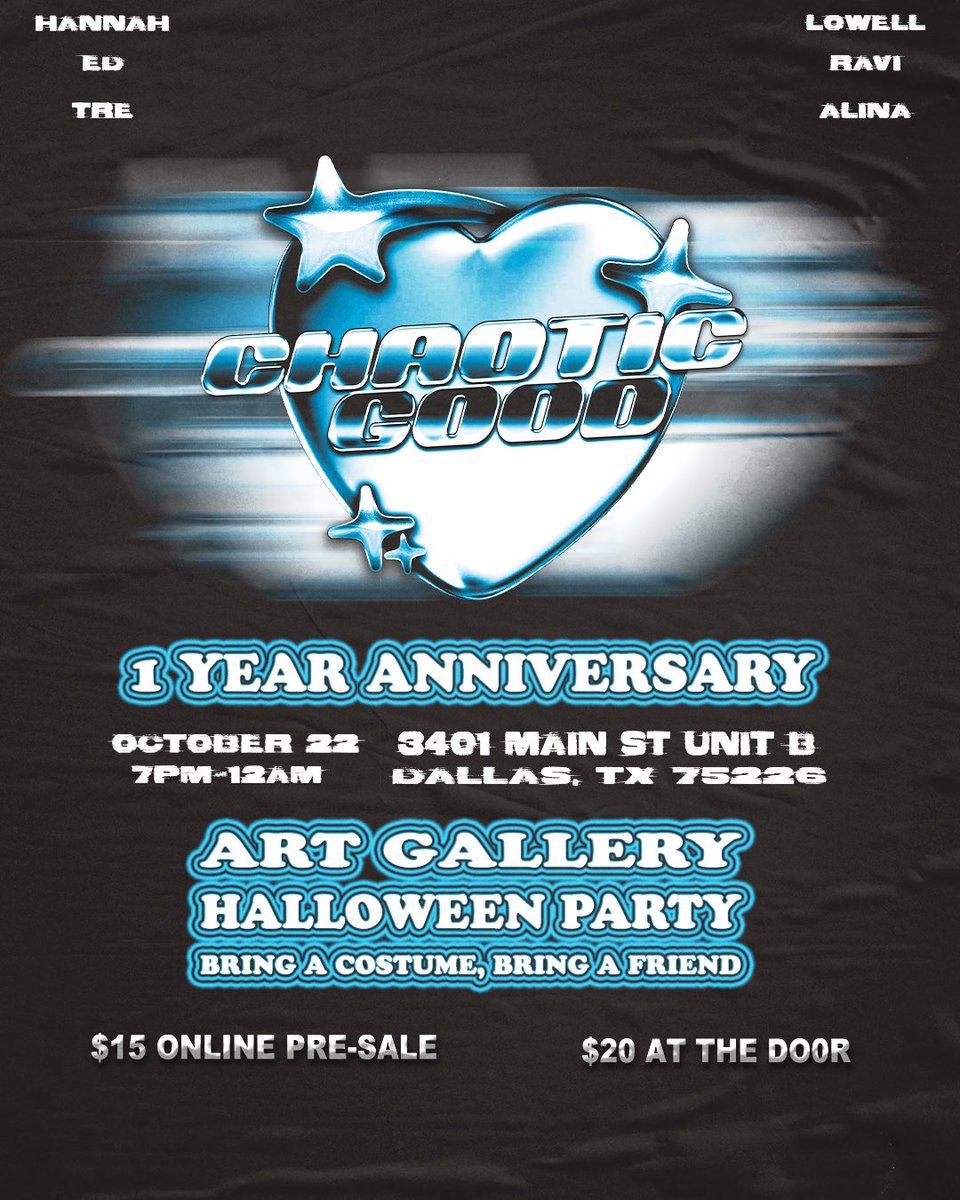 Need a Halloween play?🎃👻
October 22nd
-
Come join us for our 3rd installation of Chaotic Good. 
Art Gallery/Halloween Party showcasing some of hottest artist in Dallas!
Bring a costume and a friend! 
eventbrite.com/e/chaotic-good…