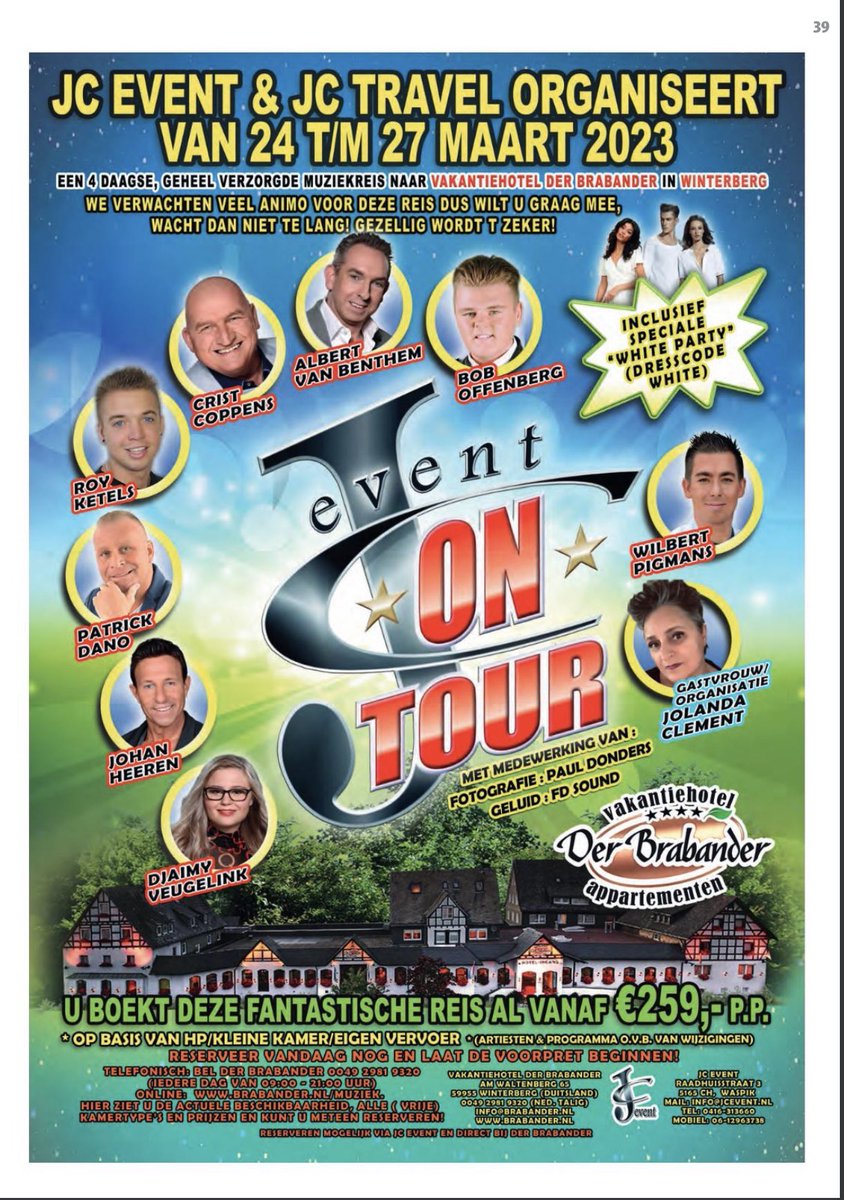 Wil jij ook 4 dagen heerlijk genieten met artiesten tijdens de super gezellige JC Event &amp; JC Travel Muziekreis 2023 naar Winterberg? bel dan met Jolanda Clement - JC Event: 0416-313660/ 06-12963738 of reserveer direct via: brabander-wbe.de/nl/boeken/zoek…