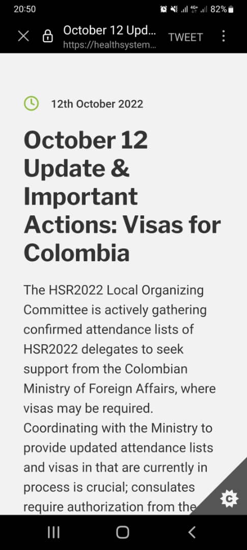 Felix Abrahams Obi ๐ณ๐ฌ๐ง๐ท (@mallampelliks) on Twitter photo Very important update on LOC support to #HSR2022 delegates on #ColombianVisa by <a href="/H_S_Global/">Health Systems Global</a> - healthsystemsglobal.org/news/october-1โฆ
If your visa is pending or denied, fill out this form no later than this Friday, October 14, 2022, at 4PM GMT
docs.google.com/forms/d/e/1FAIโฆ
<a href="/WHOAFRO/">WHO African Region</a> <a href="/ev4gh/">EV4GH</a> <a href="/WHO/">World Health Organization (WHO)</a> Very important update on LOC support to #HSR2022 delegates on #ColombianVisa by <a href="/H_S_Global/">Health Systems Global</a> - healthsystemsglobal.org/news/october-1โฆ
If your visa is pending or denied, fill out this form no later than this Friday, October 14, 2022, at 4PM GMT
docs.google.com/forms/d/e/1FAIโฆ
<a href="/WHOAFRO/">WHO African Region</a> <a href="/ev4gh/">EV4GH</a> <a href="/WHO/">World Health Organization (WHO)</a>