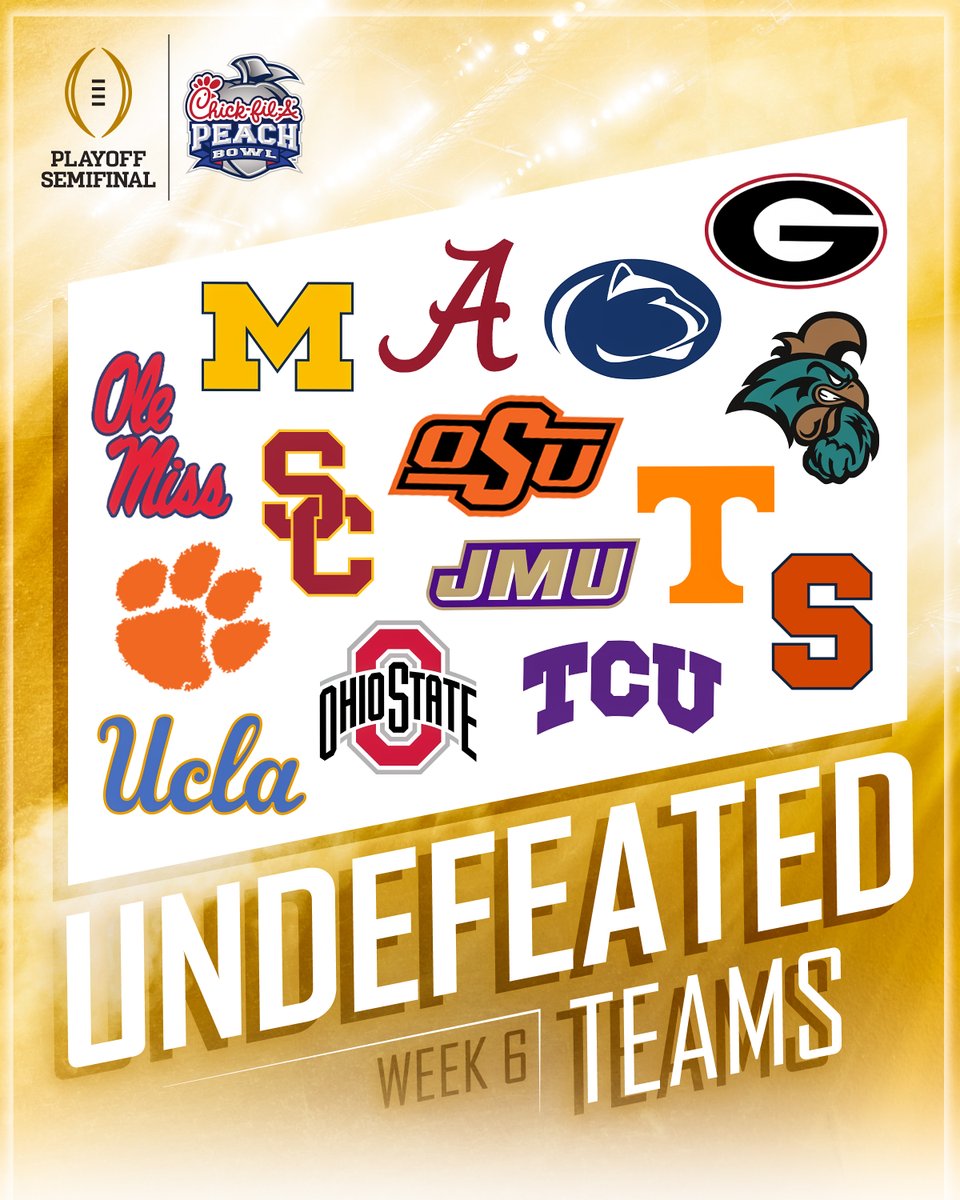 RT if your team is one of the 1️⃣5️⃣ undefeated teams that remain‼️

Which ones do you think will end up in the #CFAPeachBowl? 🤔