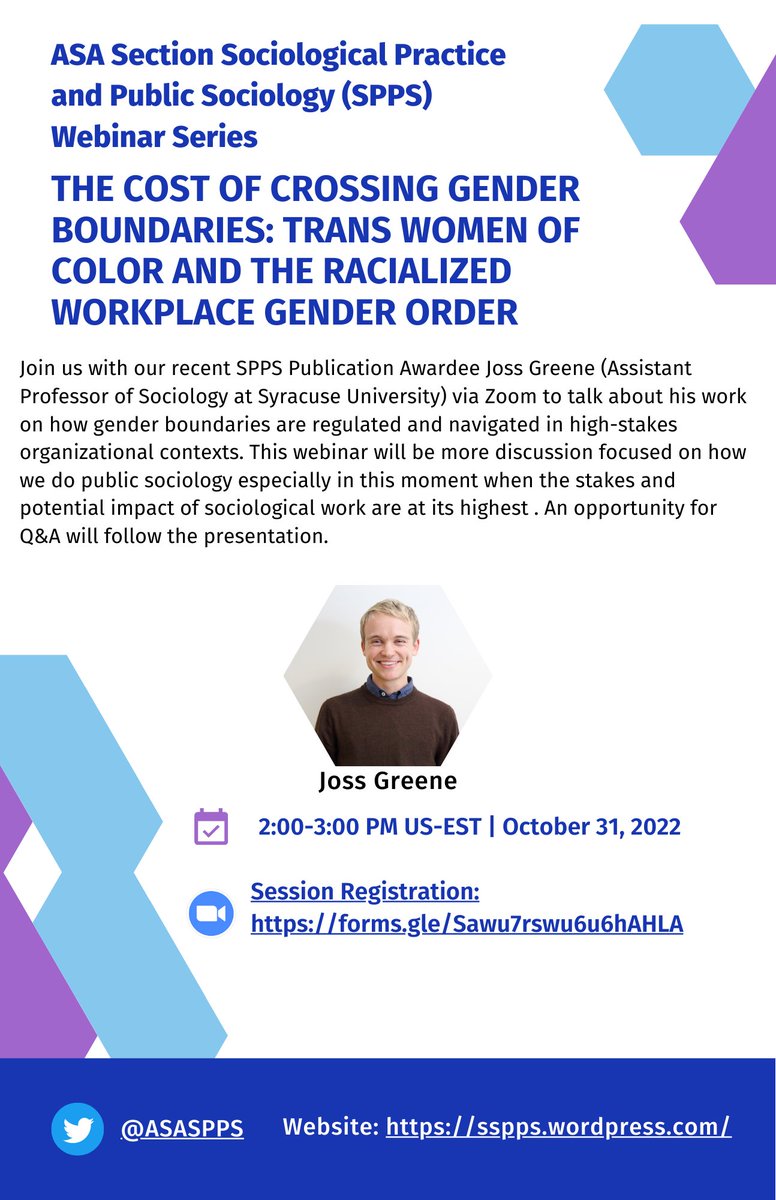 ASASPPS's tweet image. Save the date! - Monday, 10/31: 2-3PM EST

Join us for our October 2022 SPPS webinar led by our recent SPPS Publication Awardee @JossTGreene!

#asaspps #publicsociology #appliedsociology #Sociology 

Registration: forms.gle/Sawu7rswu6u6hA…