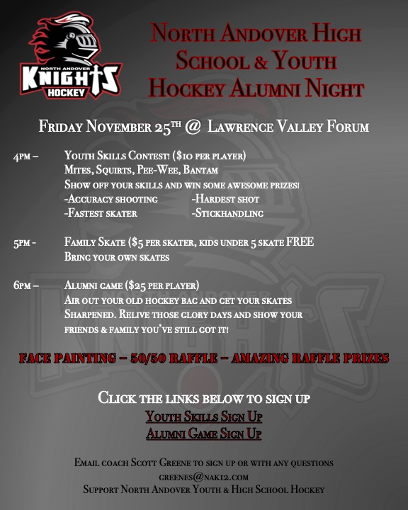 Mr. Greene (@mrgreenenahs) on Twitter photo Time to get your skates sharpened! Our first ever NAHS Alumni & <a href="/NNayhl/">North Andover Youth Hockey League (NAYHL)</a> Youth Hockey Night! Skills competition for the kids, public skate, and an alumni game to wrap up the evening. Spread the word and sign up today! <a href="/NA_Athletics/">Scarlet Knights</a> #knightshockey Time to get your skates sharpened! Our first ever NAHS Alumni & <a href="/NNayhl/">North Andover Youth Hockey League (NAYHL)</a> Youth Hockey Night! Skills competition for the kids, public skate, and an alumni game to wrap up the evening. Spread the word and sign up today! <a href="/NA_Athletics/">Scarlet Knights</a> #knightshockey
