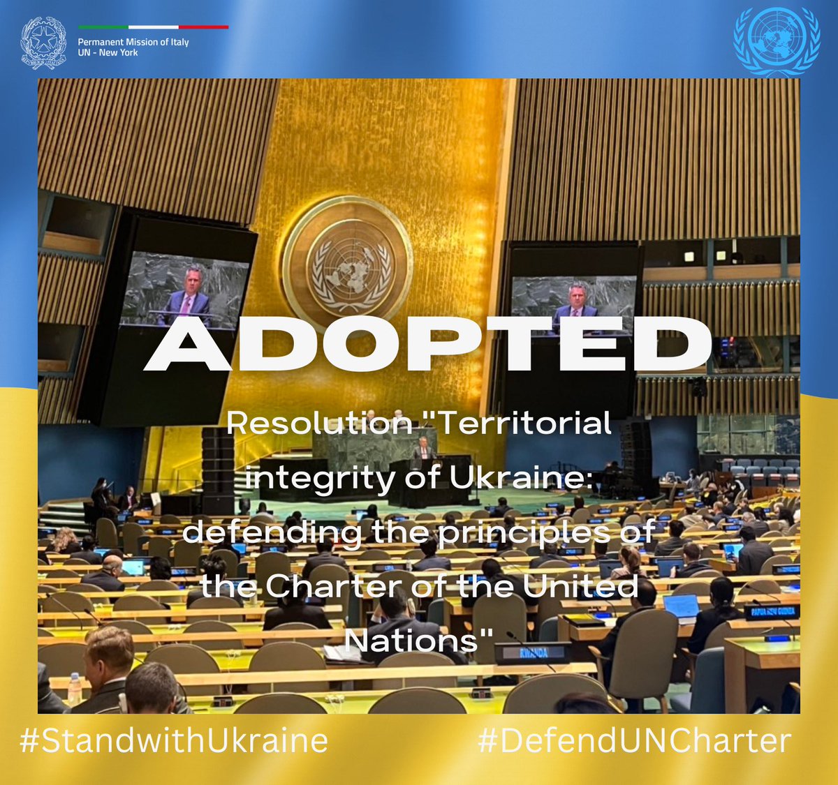 ItalyUN_NY's tweet photo. 🚨BREAKING: @UN GA condemned Russia for its “referendums” &amp; attempted illegal annexations. 143 Y, 35 A, 5 N. 

Loud &amp; clear:
🇺🇦Luhansk is Ukraine
🇺🇦Donetsk is Ukraine
🇺🇦Kherson is Ukraine
🇺🇦Zaporizhzhia is Ukraine
🇺🇦Crimea is Ukraine

Not an opinion, but international law. https://t.co/aW5i0qFlMG