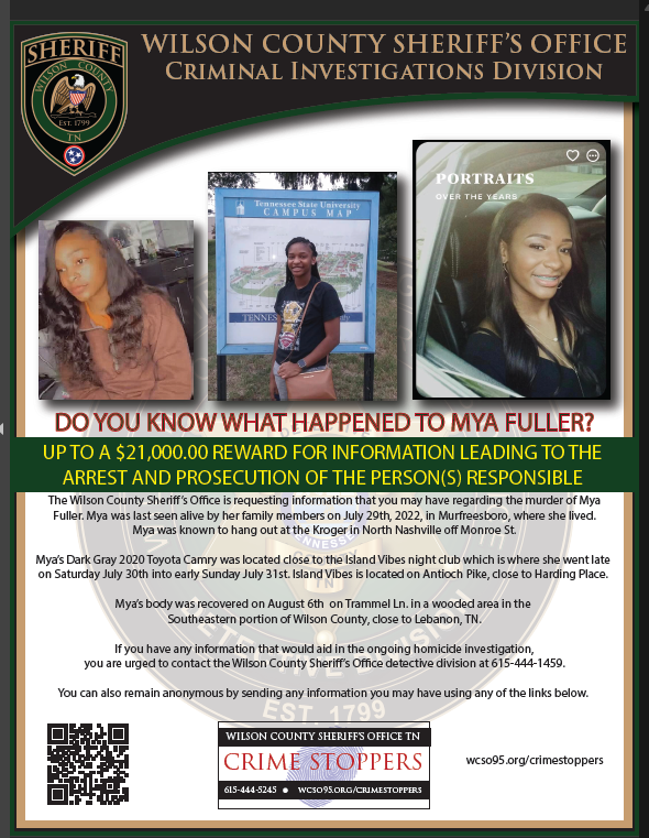 MboroPoliceDept's tweet photo. A $21,000 reward for information leading to the arrest and prosecution of the person(s) responsible. Call the @wilsonsheriff 615-444-1459. https://t.co/AfN8wCN3eO