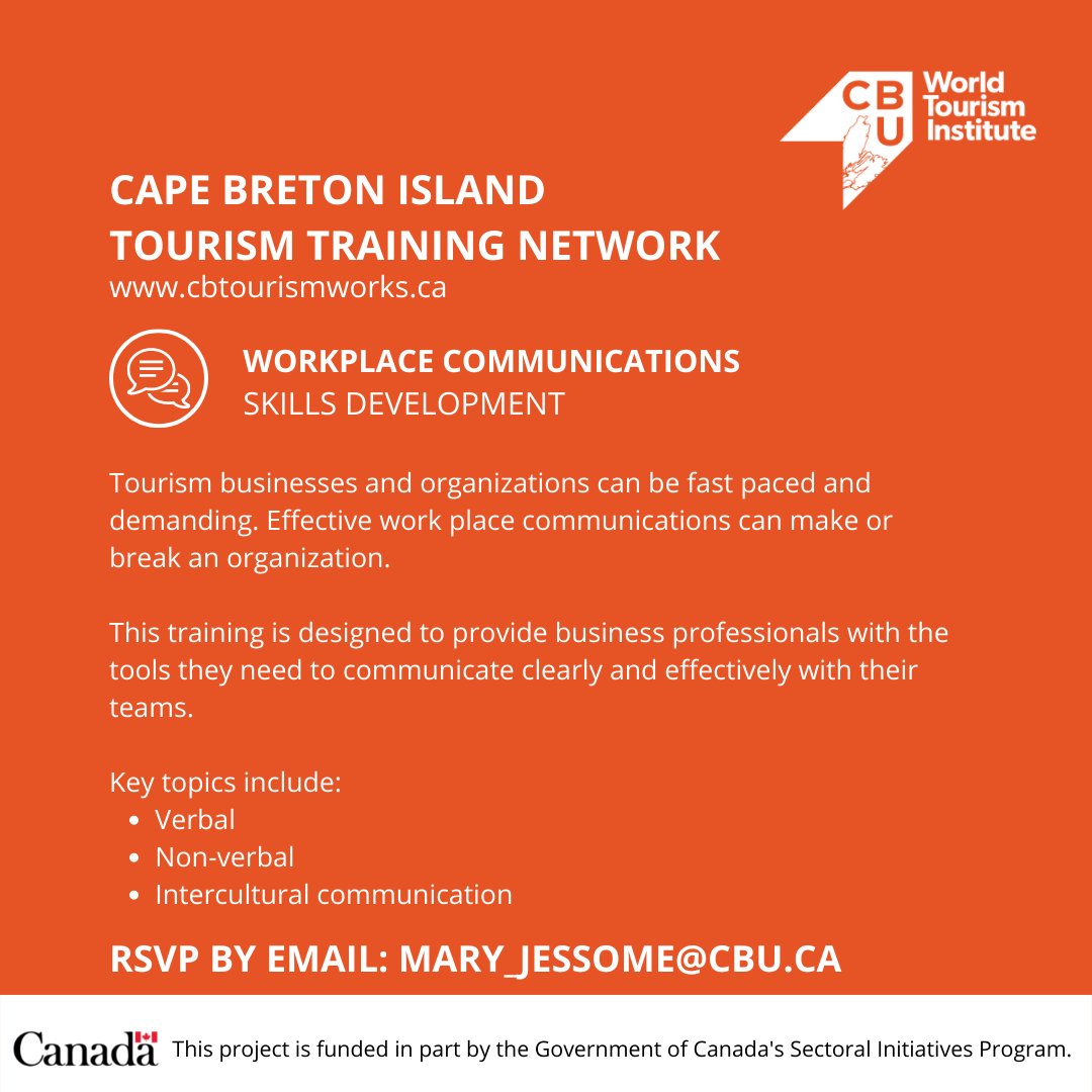 Our training sessions are designed to deliver enhanced and enriched skills customized for the needs of Cape Breton Island tourism businesses and organizations.

Tourism operators in Richmond County are invited to join us on Oct. 19th at The Clairestone Inn for free training.