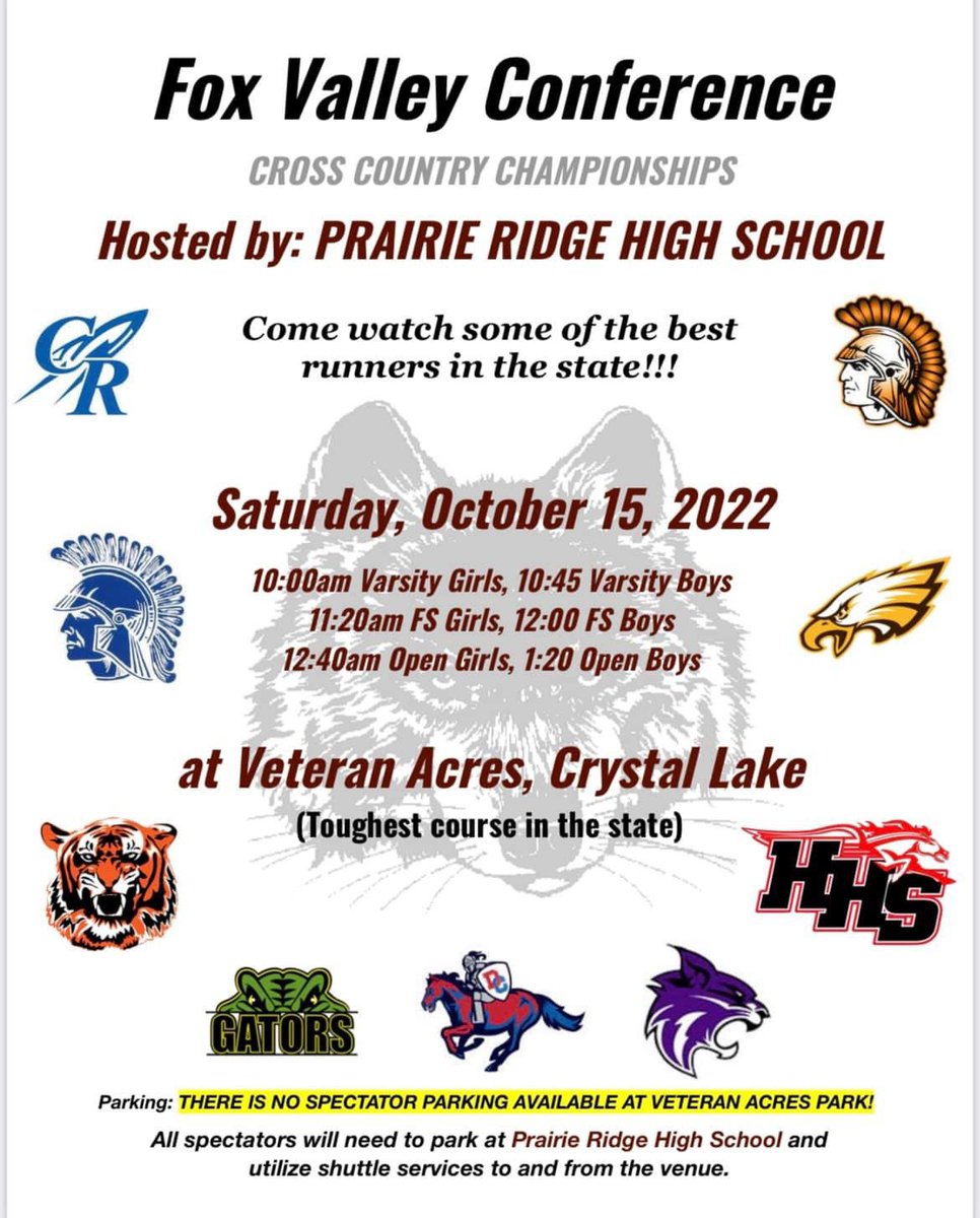 For the first time in 12 years, <a href="/PrairieRidgeHS/">Prairie Ridge H.S.</a> will host the Fox Valley Conference Championship for Boys and Girls Cross Country. Saturday, Oct 15 at 10 AM. Come out and support our Wolves!