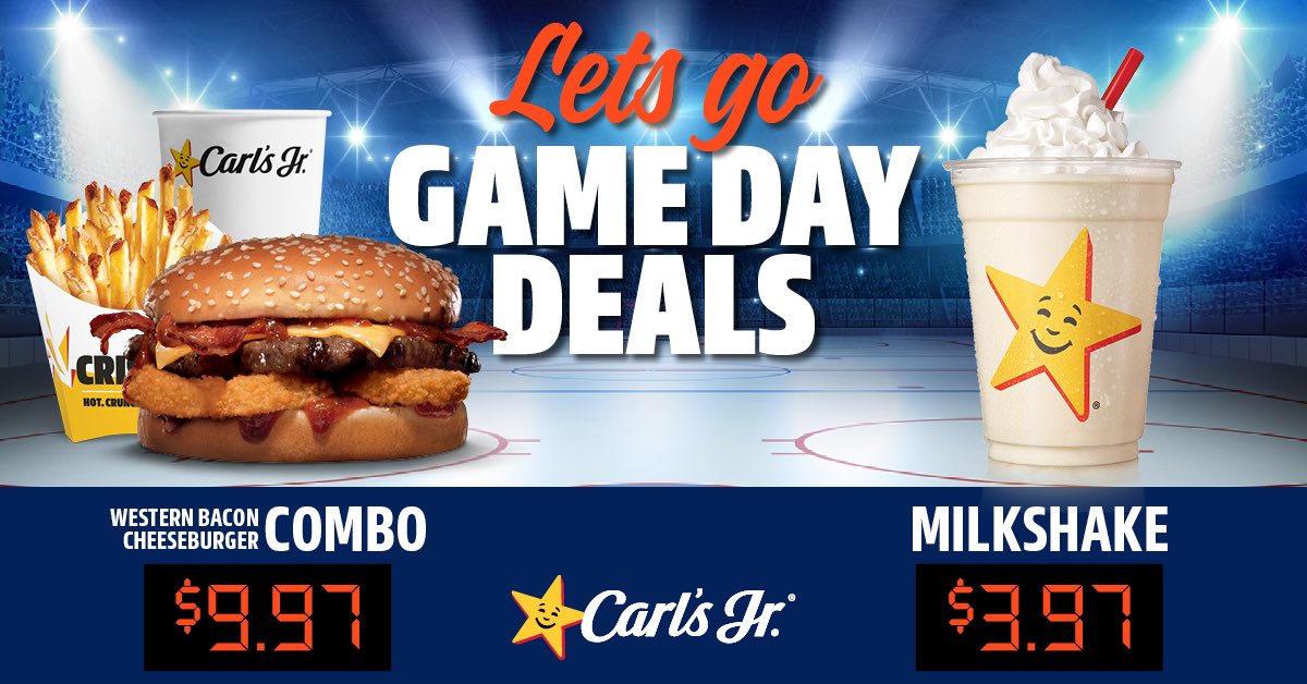Hockey is finally back! It’s the home opener and there’s no better way to celebrate the first match of the season than with a delicious Game Day Deal at Carl’s Jr. Lets Go!

🏒 Offer is valid at select Edmonton restaurants only, every game day.