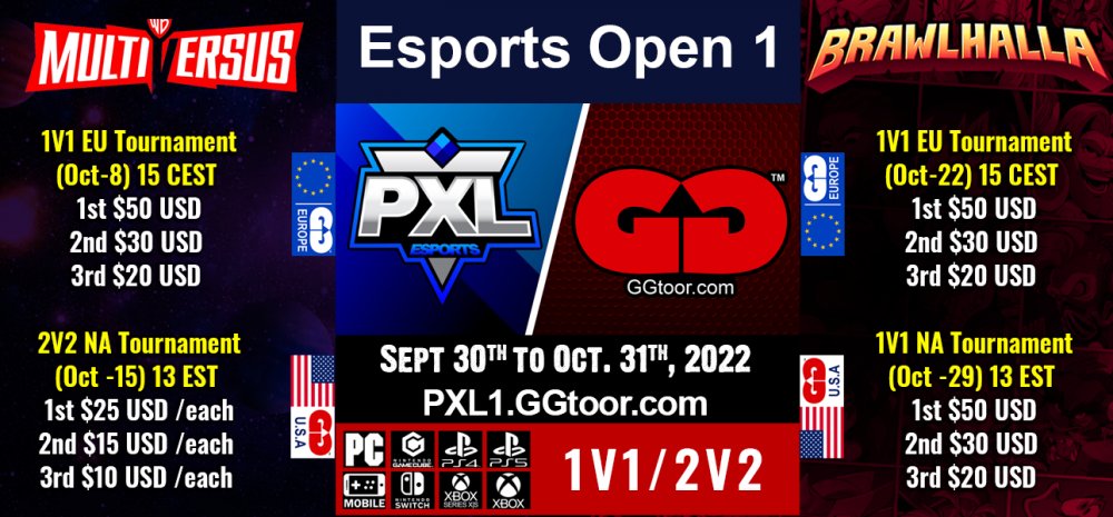 GGtoor's tweet photo. Next up in the PXL Esports Open lienup is a 2v2 #MultiVersus tournament for the NA region sponsored by #GGtoor. Grab a teammate and join us on October 15th. Sign up at https://t.co/zVqgUpt6tC https://t.co/3EXzUQtqfT