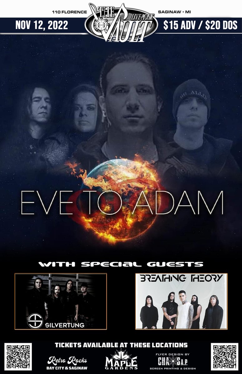 NATIONAL RECORDING ARTIST
EVE TO ADAM
wsg Silvertung &amp; Breathing Theory
November 12th ONLY AT THE VAULT!!!
#evetoadam #silvertung #breathingtheory