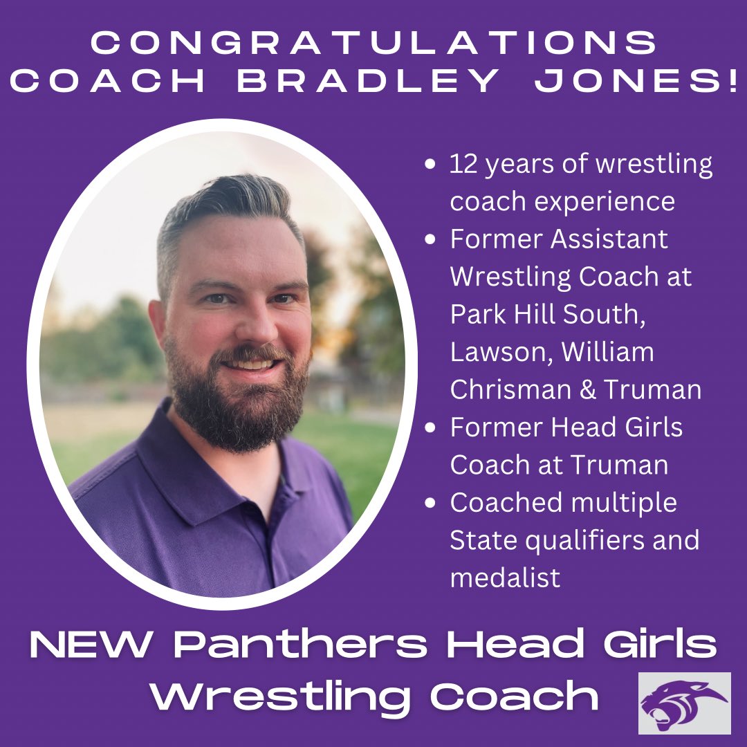 ParkHillSouthHS's tweet image. Panther community, let’s give Coach Jones a Panther welcome as he takes over as our new Head Girls Wrestling Coach! Congratulations Coach Jones. 
We cannot wait for the season to start. It’s always a great day to be a Panther!
Go Panthers!