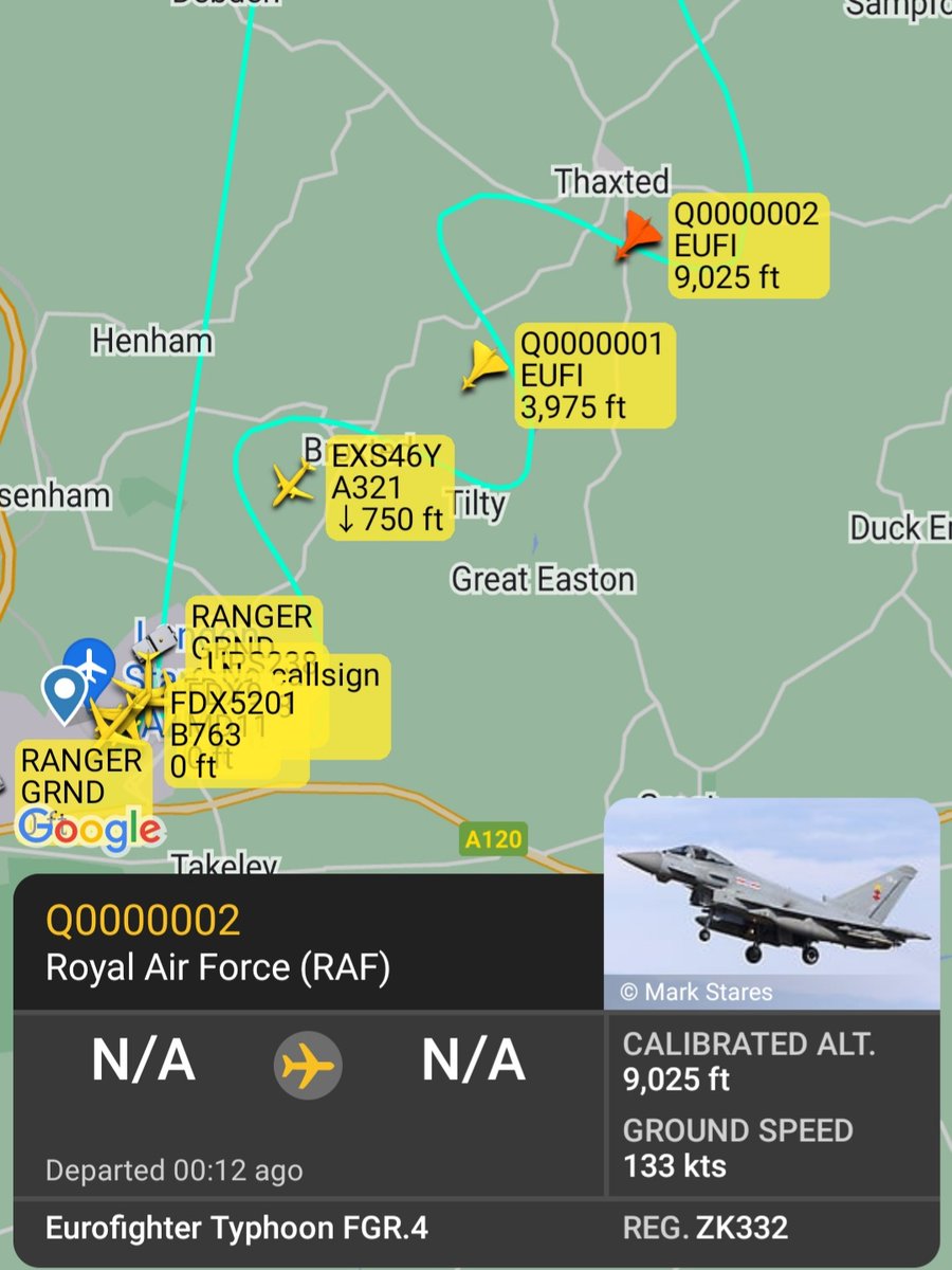 BloodyPolitics's tweet photo. 🇬🇧 RAF #QRA 2 x Typhoon escort diverts Jet2 #LS922 #EXS46Y Dalaman to Manchester flight to Stansted. As you do. 🤷‍♀️

#avgeek 
#ZK431
#ZK322 https://t.co/M3XzhMG6DI