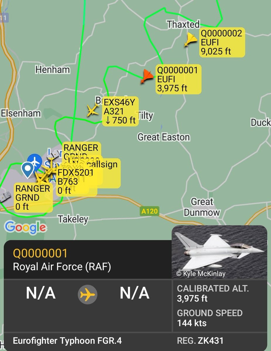 BloodyPolitics's tweet photo. 🇬🇧 RAF #QRA 2 x Typhoon escort diverts Jet2 #LS922 #EXS46Y Dalaman to Manchester flight to Stansted. As you do. 🤷‍♀️

#avgeek 
#ZK431
#ZK322 https://t.co/M3XzhMG6DI