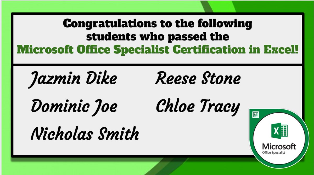 Melissa_Dux's tweet image. Congratulations to our new MOS Excel Certified Students! #jeffpride #FbyBizEd #MOSExcel