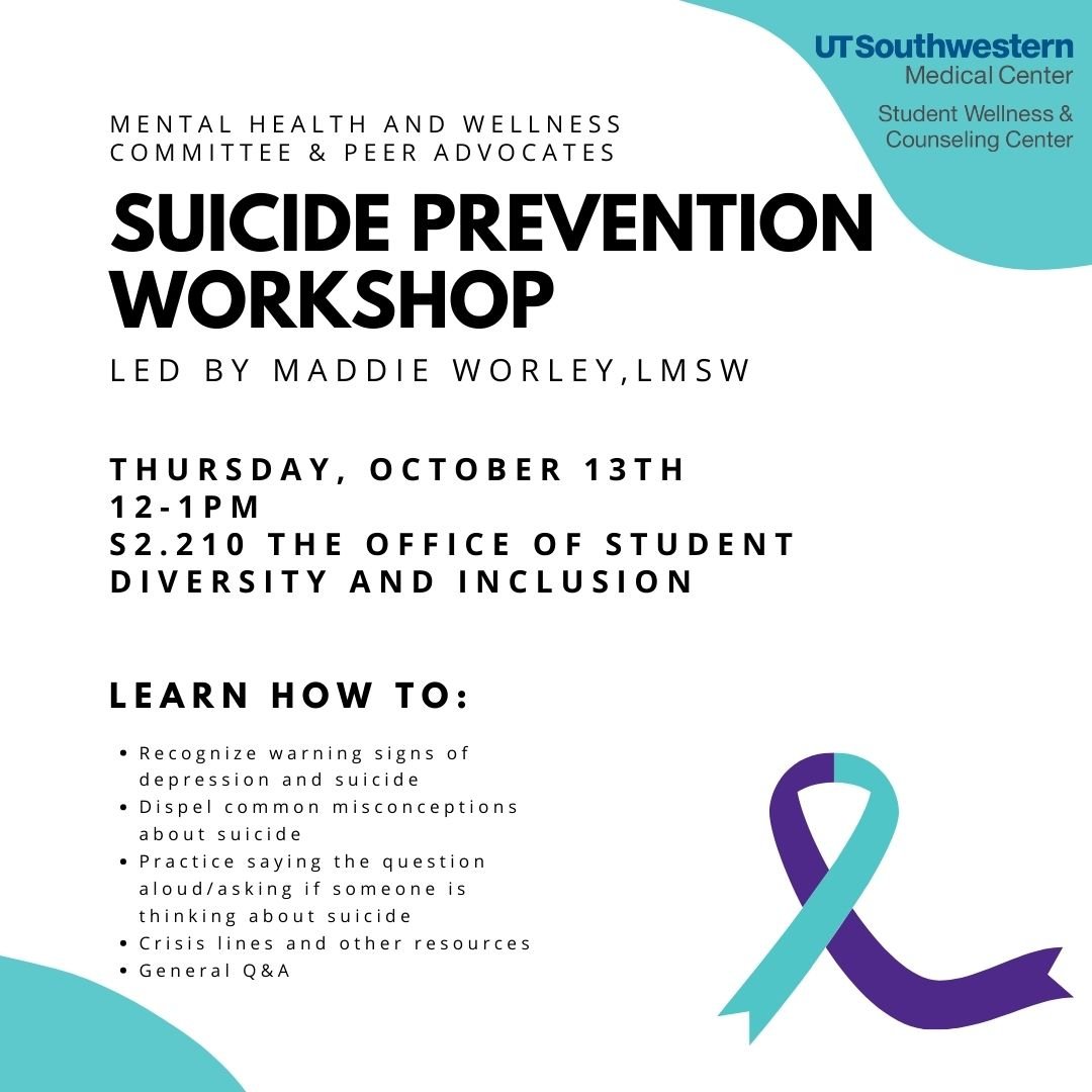 Tomorrow at noon, join us for the Suicide Prevention Workshop headed by our Mental Health and Wellness Committee & Peer Advocates. Details below!