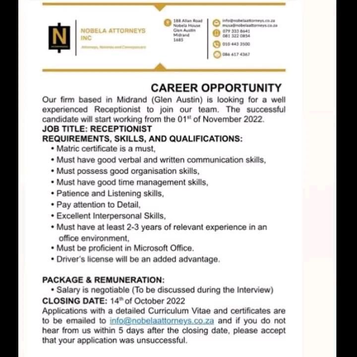 SAJob365's tweet photo. NOBELA ATTORNEYS INCORPORATED
-Receptionist
Closing: 14 OCT 2022
Email info@nobelaattorneys.co.za
Please follow
More jobs: https://t.co/6OKhAGPa5d
#JobSeekersSA #TheRiver1Magic SETE R5,799.00 #ItsByLuella #Mnakwethu #HouseOfZwide #SkeemSaam #Iobs #JobAlert #JobSearch https://t.co/m6yflV4VRC
