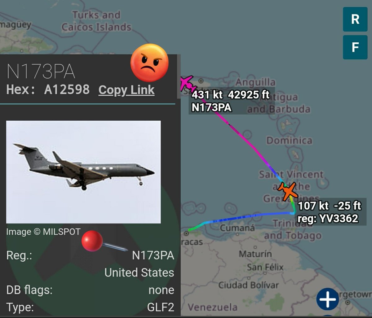 Arr3ch0's tweet photo. Otro intercambio en Canouan hoy? Hace pocas horas coincidieron en San Vicente y Granadinas el Ebola jet relacionado al gobiero 🇺🇸 #N173PA y el #YV3362. Unas 4 horas coincidieron y el N173PA ya se dirige a Florida. YV3362 acaba de despegar en dirección a #Venezuela https://t.co/aO9869cuDP