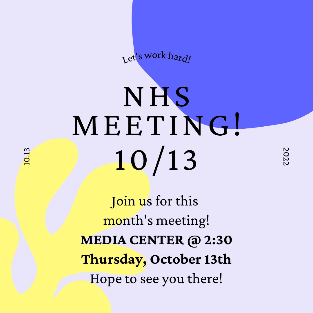 OLD MEMBERS ONLY! NHS Meeting in the Media Center @ 2:30 PM. Hope to see you all there &lt;3