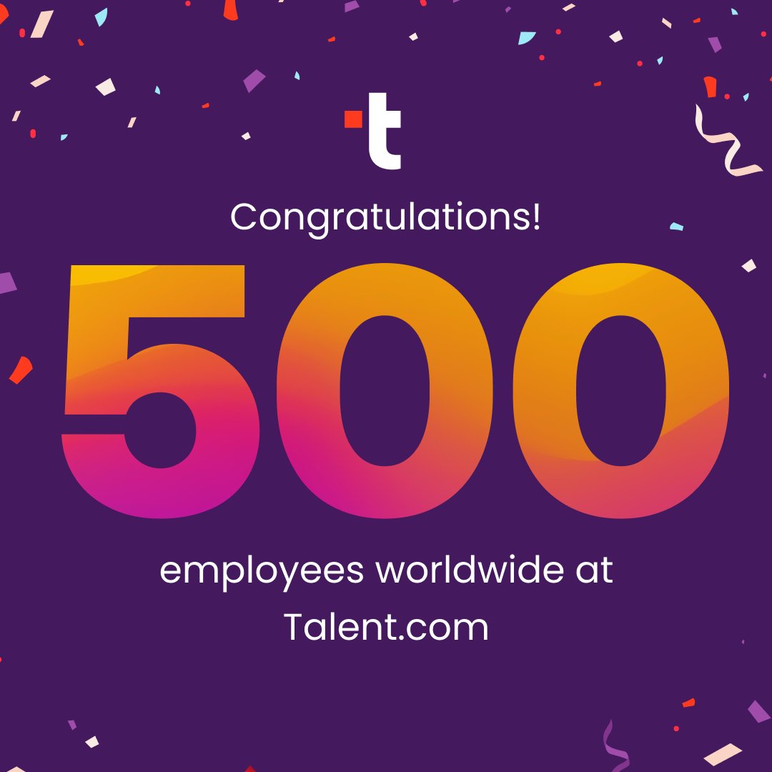 It's official - Talent.com has over 𝟱𝟬𝟬 𝗲𝗺𝗽𝗹𝗼𝘆𝗲𝗲𝘀! 🥳🎉

Our fast-growing company is finding more talent every day ⭐ Special thanks to our hardworking HR team and hiring managers! 

#500employees #milestone #hiring #talentdotcom #growth