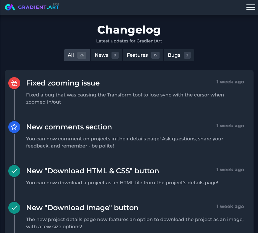 cssgradientart's tweet image. Wanna know the latest updates about GradientArt?
Check out our new changelog page!
gra.dient.art/changelog
