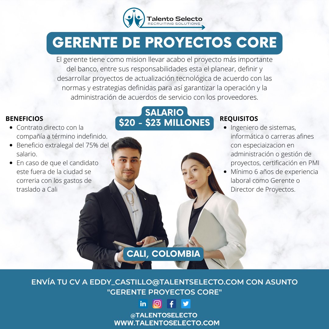 TalentoSelecto's tweet photo. 🤩¡En Talento Selecto trabajamos constantemente para nuestra comunidad! Es por eso que hoy te traemos esta gran oportunidad laboral 🎉
#gerente #tecnologia #trabajosihay #empleocolombia #trabajoencali #cali #talentoselecto #oportunidades #sistemas #empresas https://t.co/cdJDtbzIIt