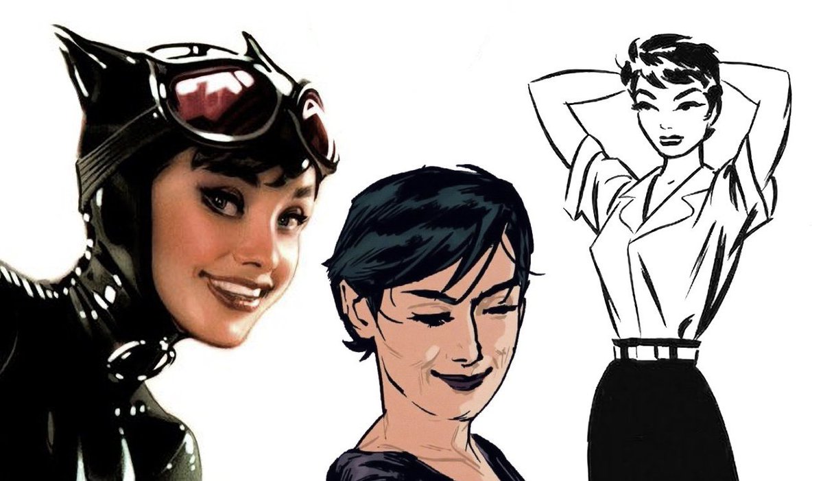 batmancurated's tweet photo. selina kyle &amp; bruce wayne character designs inspired by audrey hepburn &amp; gregory peck respectively…simply perfect https://t.co/3opD8CEifO