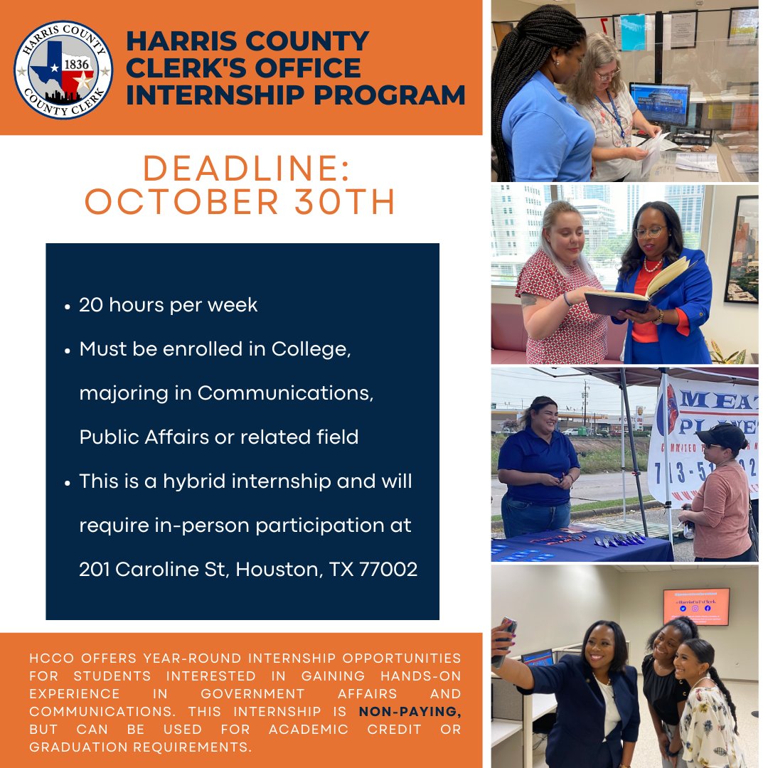harriscotxclerk's tweet photo. Looking to gain hands-on experience in Government Communications? Visit https://t.co/zxVk3umLUY. to apply to our #HCCOInternship by Sunday, October 30, 2022 at 5:00 p.m. #harriscountyclerksoffice #harriscountyinternship #communicationsmajor #hcco https://t.co/mzLSfXWXgQ
