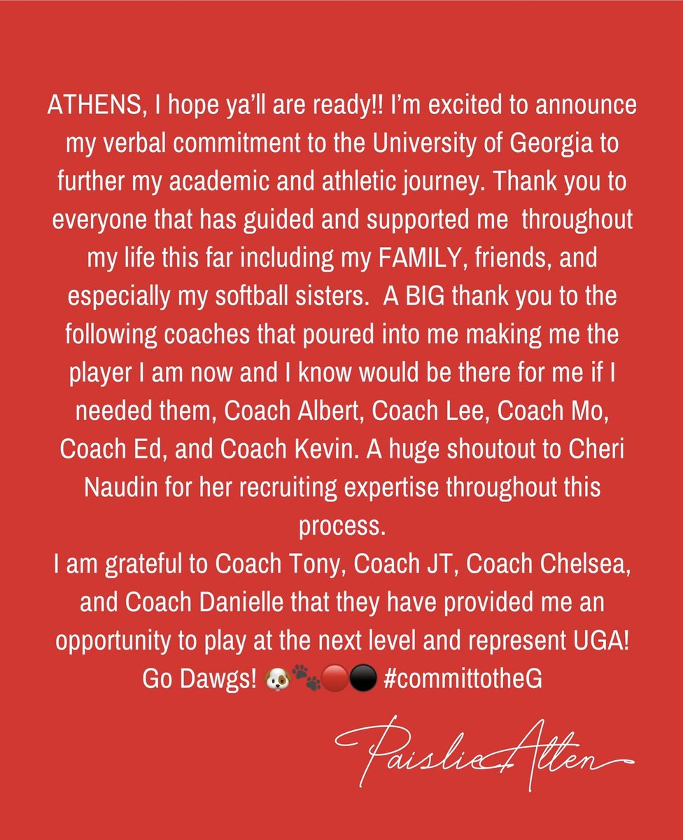 paisliea1's tweet photo. Future DAWG!  Thank you to all who have been a part of my journey, alongside me and behind the scenes! I’m heading to UGA! @UGASoftball @UGACoachTony @Syd_finch @chelsw20 @danielleeee41 @TexasGlory @ednaudin @LeeVelazquez06 @CSA_Athletes @FarmersSoftball #GoDawgs #committotheG https://t.co/zkGk1hkEQN