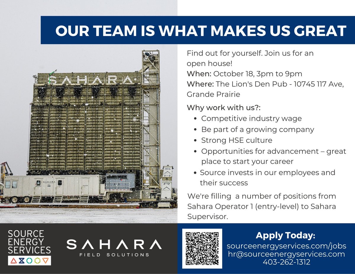 SESLogistics's tweet photo. Source's team is what makes us great. Find out for yourself – join us at our open house in #GrandePrairie!:
- When: October 18, 3:00pm to 9:00pm
- Where: The Lion’s Den Pub
More info here: https://t.co/jDw7otWt1p https://t.co/B6WiID2vcQ