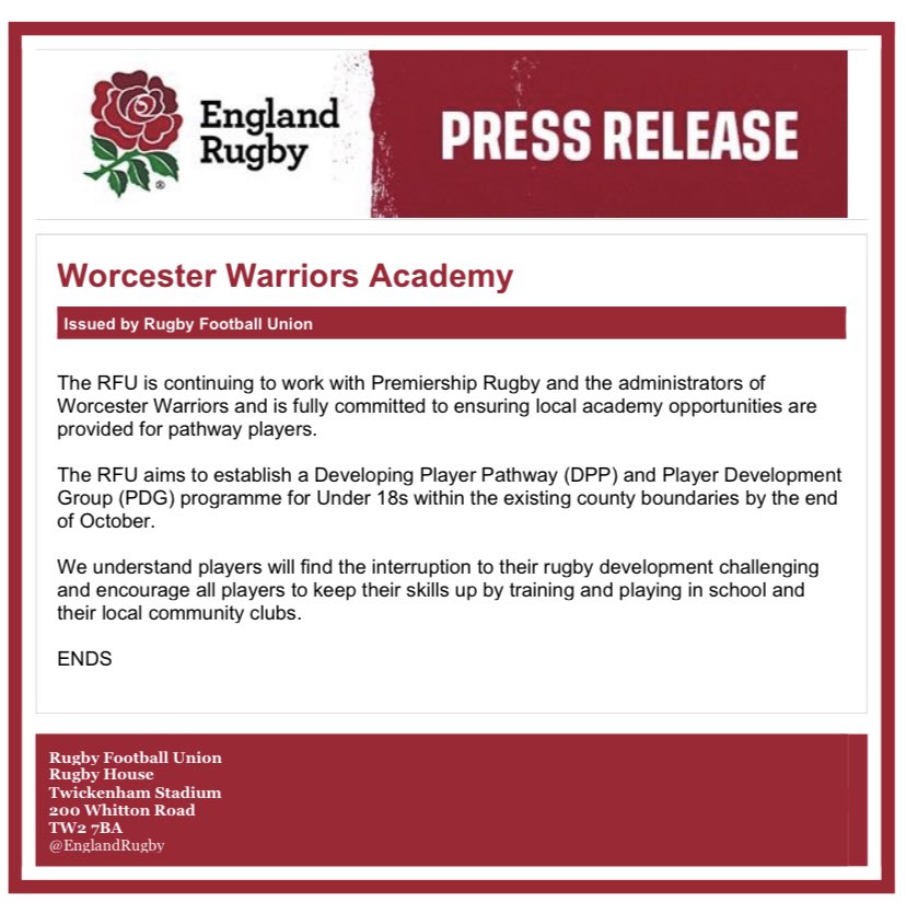 The following message in connection with the <a href="/AcademyWarriors/">Worcester Warriors Academy</a> DPP and PDG programmes was sent to the Academy this afternoon. Looking forward to getting all the players back in training shortly. See you all soon. <a href="/WorcsWarriors/">Worcester Warriors</a> <a href="/EnglandRugby/">England Rugby</a> <a href="/NorthMidsRFU/">North Midlands RFU</a> <a href="/WarwickshireRFU/">Warwickshire RFU</a>