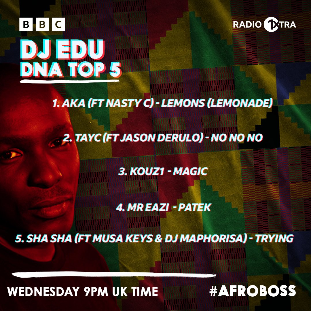 🌍 @djedu with this week’s #DNATop5!! 🌍 1️⃣ @akaworldwide 🇿🇦 2️⃣ @TaycOfficial 🇨🇲🇫🇷 3️⃣ @KOUZ_1 🇲🇦 4️⃣ @mreazi 🇳🇬 5️⃣ @ShaShaOfficial_ 🇿🇼   📻 bbc.in/3rQEH7m