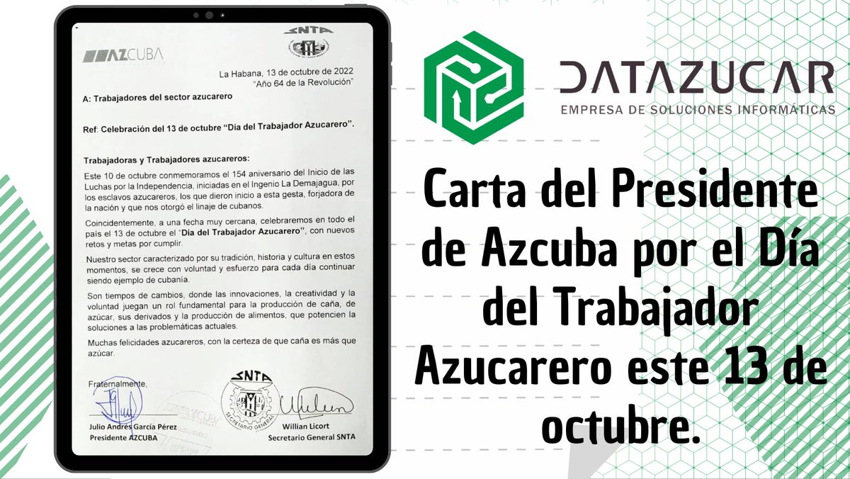 DATAZUCAR_'s tweet photo. Este 13 de Octubre Día del Trabajador Azucarero, mediante la Ley No. 890 se nacionalizaron 105 ingenios y 18 destilerías fecha de trascendencia nacional e inicio de la independencia económica de Cuba. FELIZ DÍA!!! 
#DatazucarEsFuturo #DatazucarVaPorMas https://t.co/o1wLU22RGN