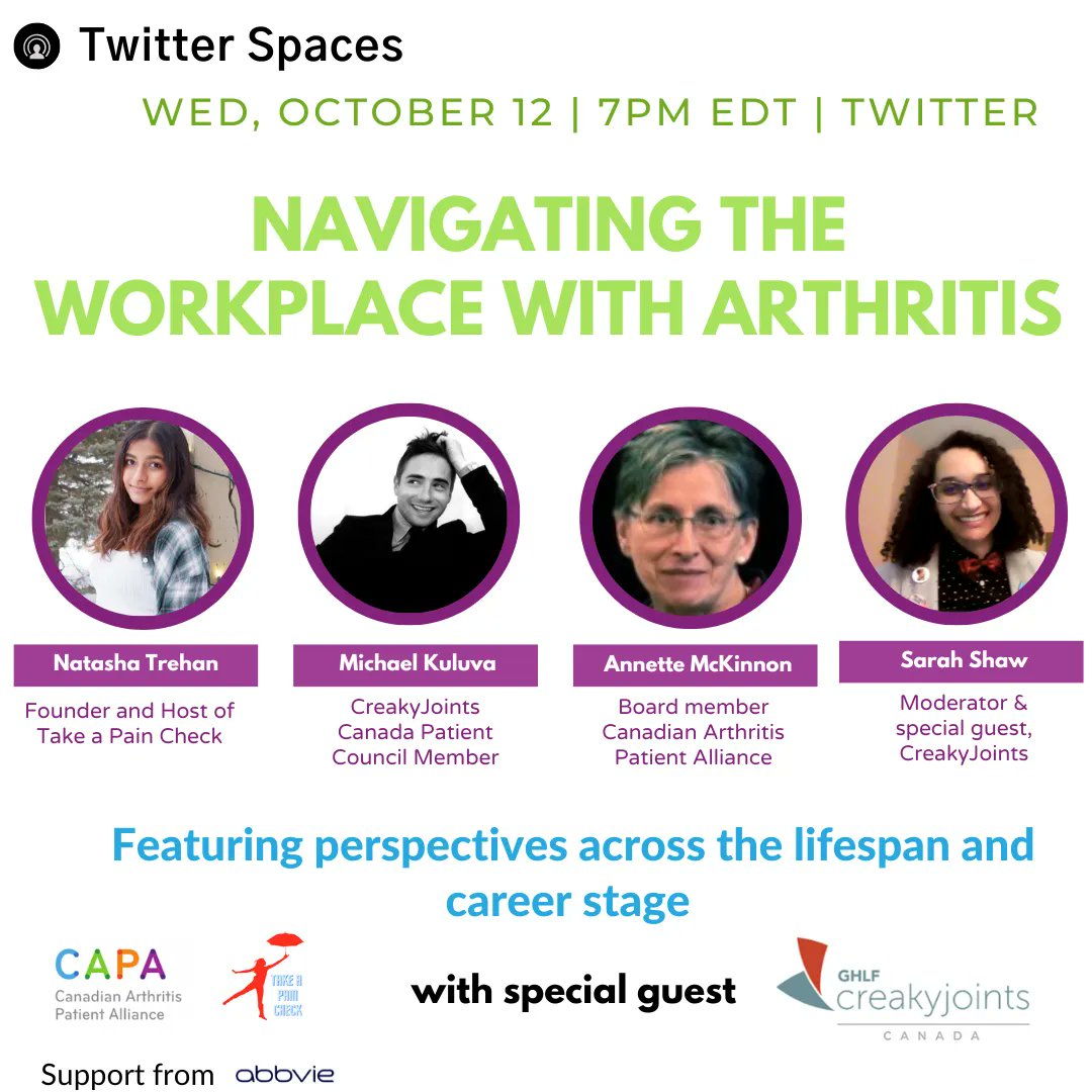 Today is #WorldArthritisDay! Join @CAPA_Arthritis, @migrainesallday, @MichaelKuluva, @NatashaTrehan and @anetto for their Twitter Spaces discussion of #ArthritisAtWork tonight at 7:00PM ET. 

With perspectives across different career stages, this should be a great discussion!