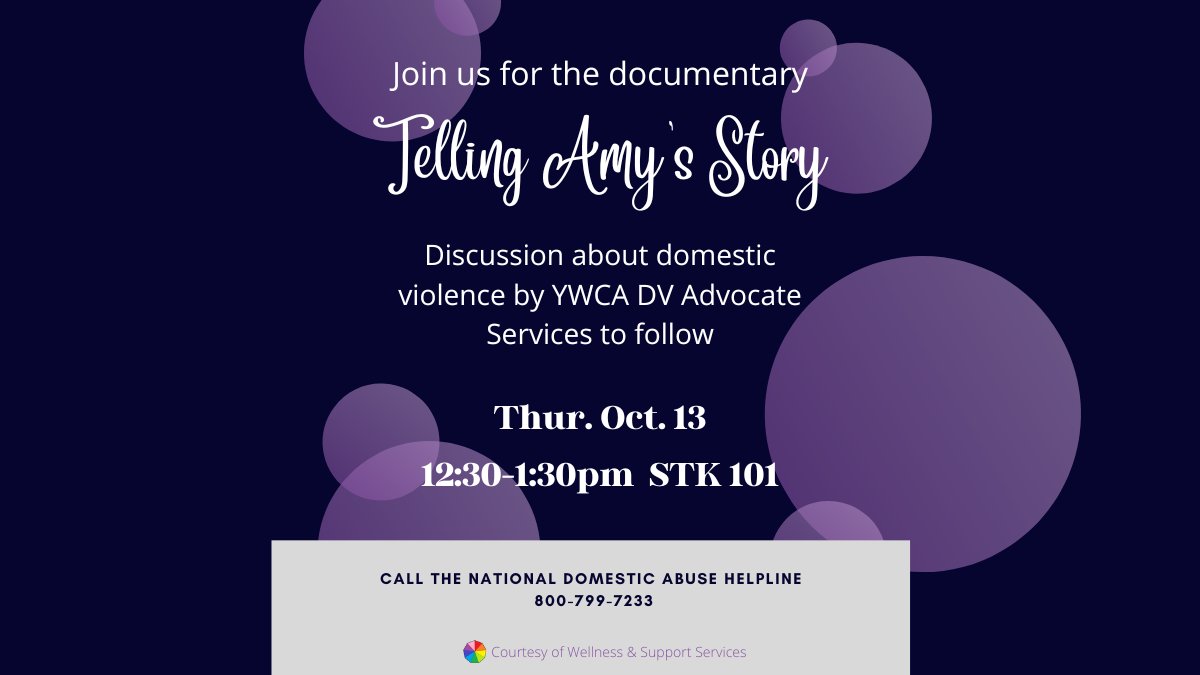 Tomorrow (Thurs., October 13): The documentary “Telling Amy’s Story” will be shown, followed by a discussion with @YWCANENY Domestic Violence Advocate Services, 12:30 to 1:30 PM, Stockade Building, Room 101, #SUNYSchenectady. Part of #DomesticViolenceAwarenessMonth.