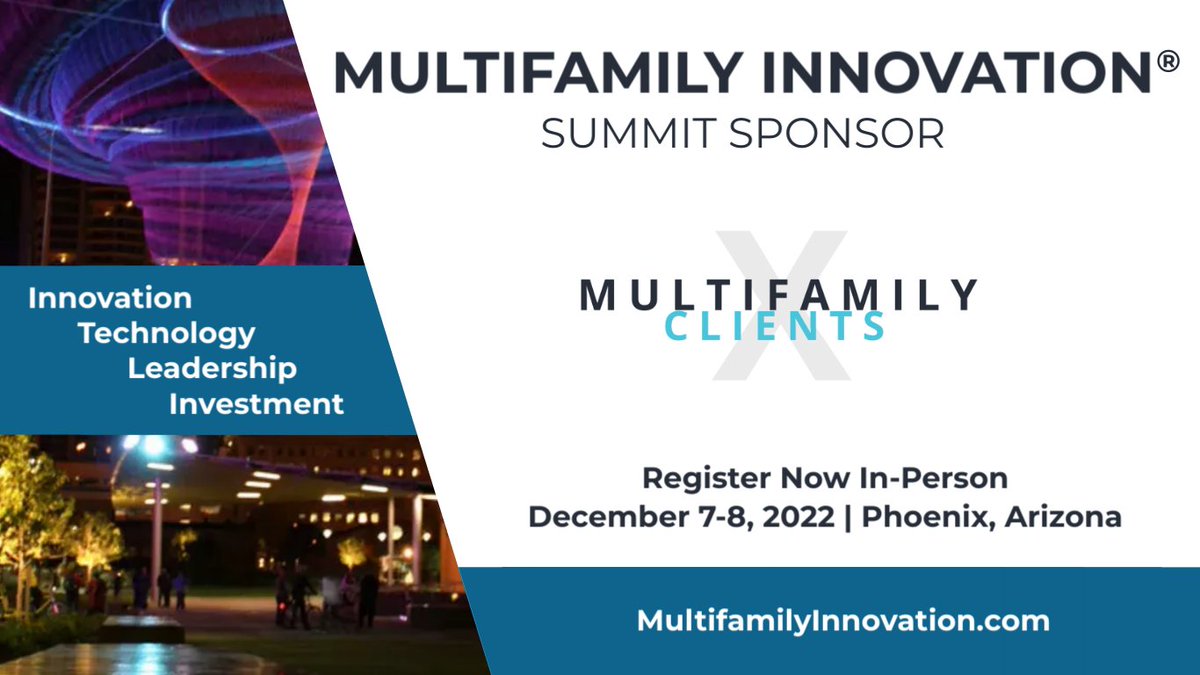 inMultifamily's tweet image. Secure your ticket today: multifamilyinnovation.com Thank you to our sponsor, Multifamily Clients, for supporting the Multifamily Innovation® Summit on Dec. 7-8, 2022 in Phoenix, AZ. Live and in-person!

#multifamilyinnovation #multifamilytechnology #sponsor #multifamilyleadership