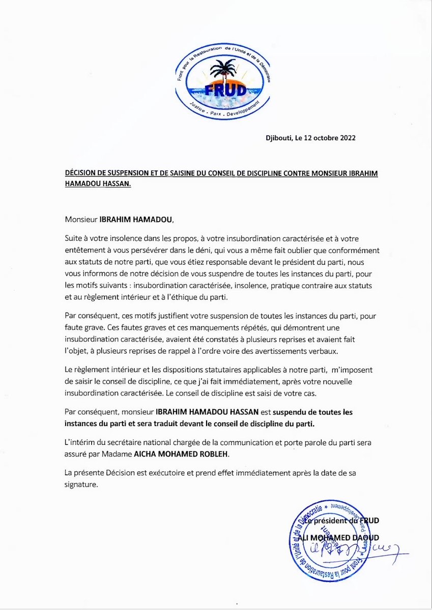 FrudObock's tweet photo. Décision de suspension et de saisine du conseil de discipline contre Mr @ibrahimhamadouh https://t.co/bqwcoW0MLi