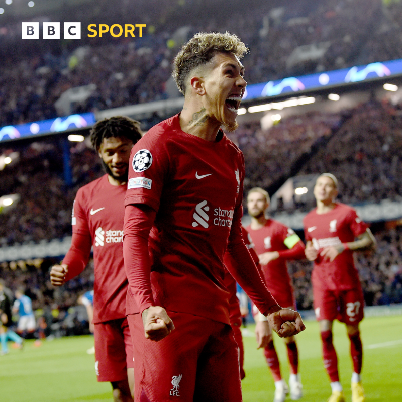 BBCSport's tweet photo. 🪄 Firmino masterclass

⏰ Salah scores fastest-ever #UCL hattrick

☝️ Elliott's first Champions League goal

WHAT a night for Liverpool! 🔴

#RANLIV #BBCFootball