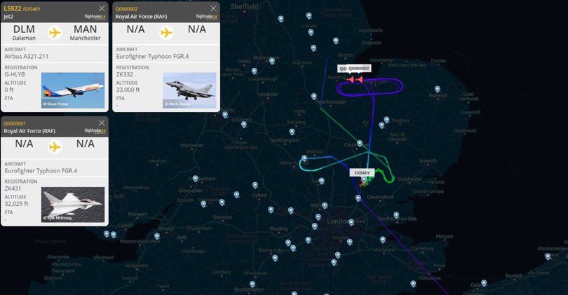 Worldsource24's tweet photo. 🚨#BREAKING: A Jet2 flight from Dalaman in Turkey, en route to Manchester - flight number - #LS922 has diverted to #Stansted Airport escorted by two RAF Typhoons. https://t.co/V9ewnnGD1L