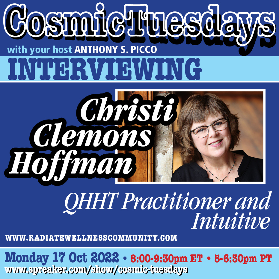 aspicco's tweet photo. On Monday, 17 October, Christi Clemons Hoffman will be joining us. She is certified in Quantum Healing Hypnosis Technique and is a lifelong intuitive, channel, teacher, and consultant...and much more, including reiki... JOIN US for some interesting discussions! https://t.co/Cray5fWprv