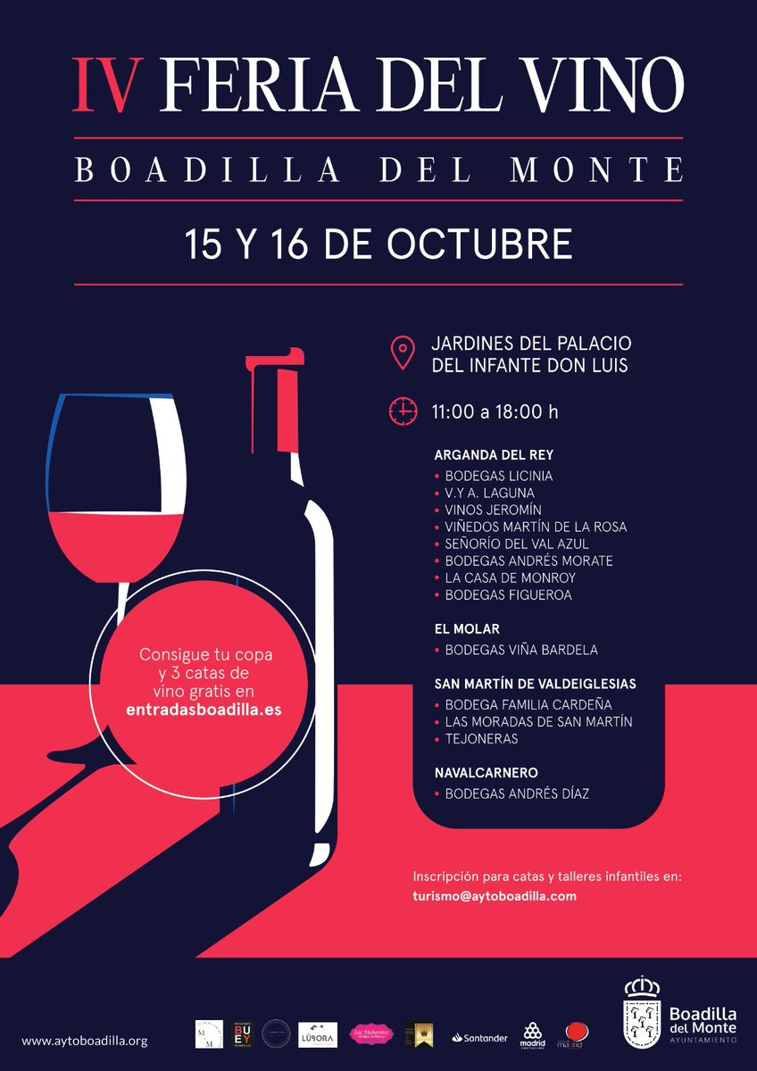 clandevinos's tweet photo. El próximo 15 y 16 de Octubre se celebra en #BoadilladelMonte la IV Feria del vino (Jardines del Palacio Infante don Luis) organizada por @VinosdeMadridDO y a la que acudirá @BodegaValazul vino que distribuimos en #Madrid 
¡Te esperamos! 
#vino #wine #valazul #bodega #clandevinos https://t.co/NXjqV1bb0v