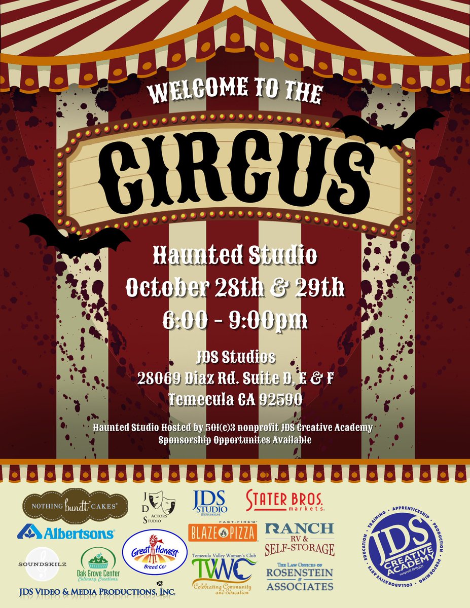 JDSCreative's tweet photo. #HauntedStudio2022 presents a Haunted Circus theme this year! ππ€‘
Don't miss out on our annual fundraiser on Halloween weekend! On October 28 & 29, you're in for the fright of your life! The chills and thrills will be lurking around every corner, waiting for you!πͺπ€© https://t.co/7ToQUqtSfe