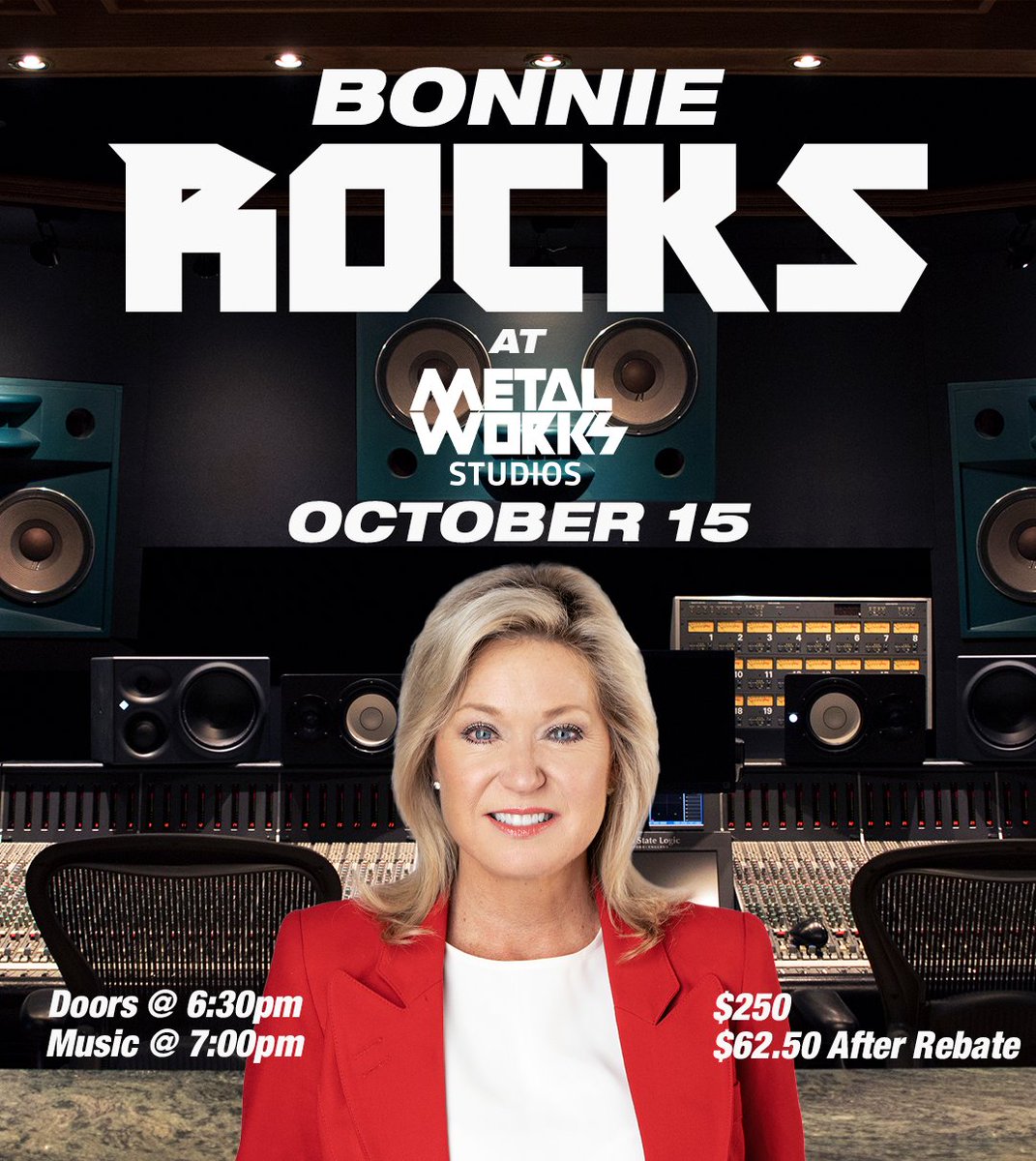 Bonnie Rocks at Metalworks Studios! Join Bonnie and her supporters at Metalworks Studios on October 15 for an all-access backstage pass tour of the famed Metal Works Studios. Refreshments will be served. Doors open at 6:30 - Live music at 7pm bonniecrombie.ca/metal_works