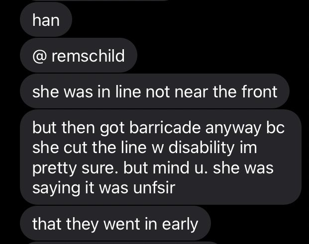 s1ncesunday's tweet photo. for context of my previous tweet: @remschild its extremely weird to me that you will go our of your way to express your annoyance that those with disabilities get let into a venue early. it’s disgusting and just flat out ableist and weird?? https://t.co/GlEMVlHBW4