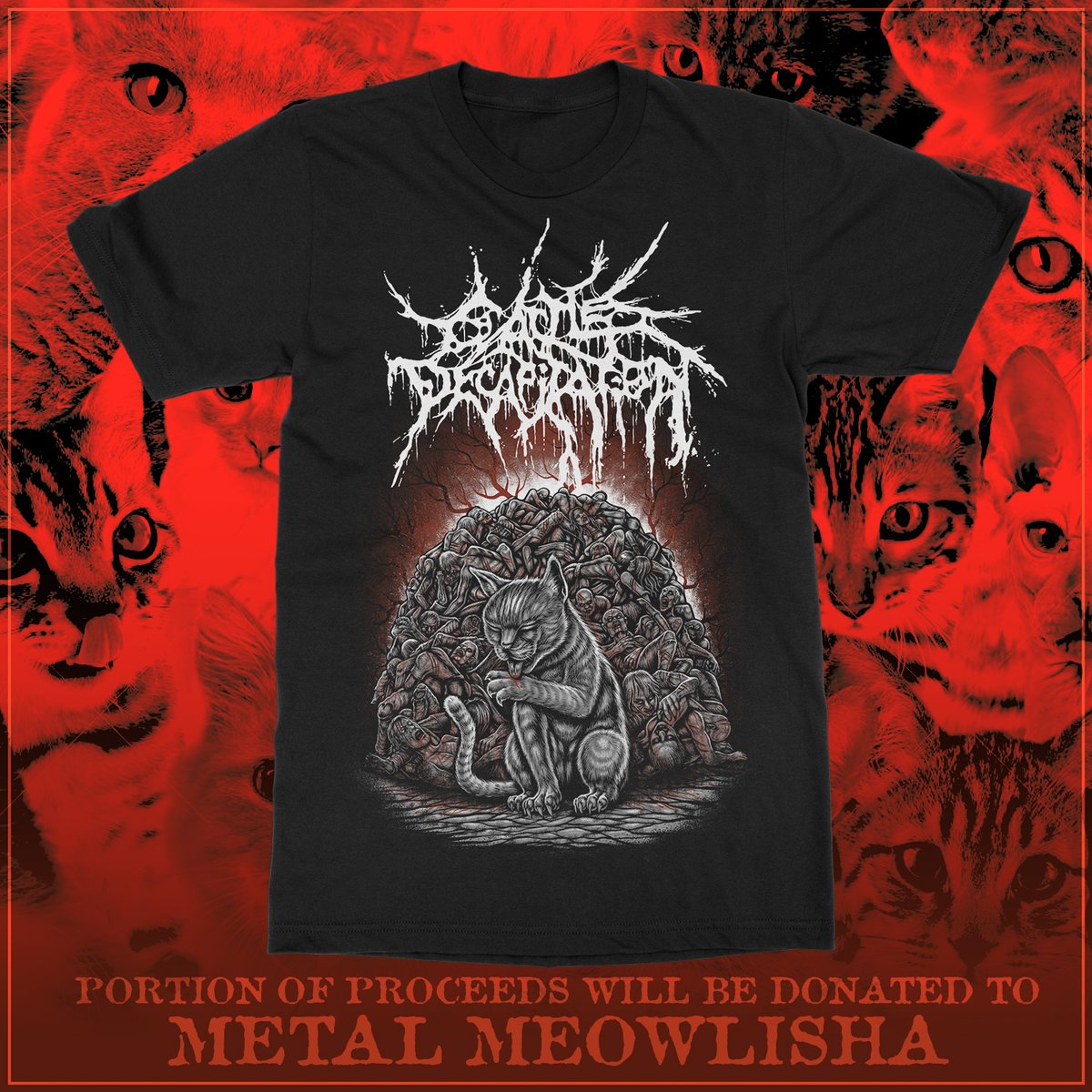 The 'Feline Intervention' T-Shirt AVAILABLE FOR ONE WEEK ONLY! PRE-ORDERS CLOSE ONE WEEK FROM TODAY ON OCT 19th! GET YOURS NOW! 50% of the profit from the sale of this shirt will go to METAL MEOWLISHA, run by Donald Tardy of @obituarytheband GET IT HERE: indiemerch.com/cattledecap/it…