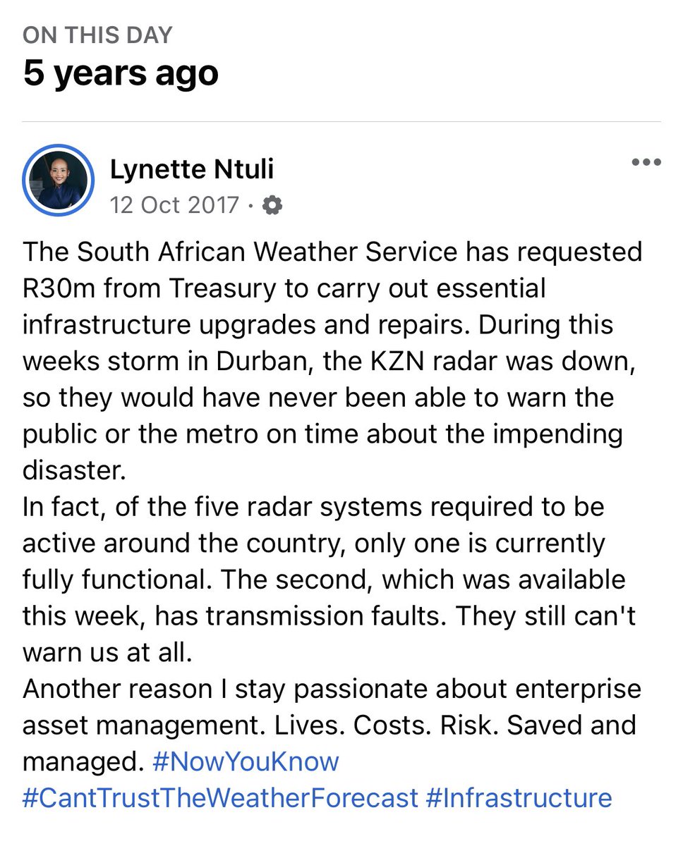 MsNtuli's tweet photo. Posted 5 years ago today.
None of yesterday’s bulletins from the Weather Service said a word about last night’s freak windstorm.
The maladministration of public assets | infrastructure cause debilitating service failures and fatal (yet avoidable) results follow. Not yet uhuru. https://t.co/5jYaesRKgT