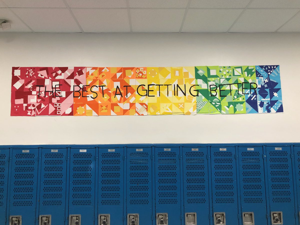 🖌Art Wednesday🖼 The best at getting better! Each student in Ms. McQuesten’s art classes created a square using the same geometric shapes. All the pieces were glued together to create this banner to remind us of our school slogan for 2022.
