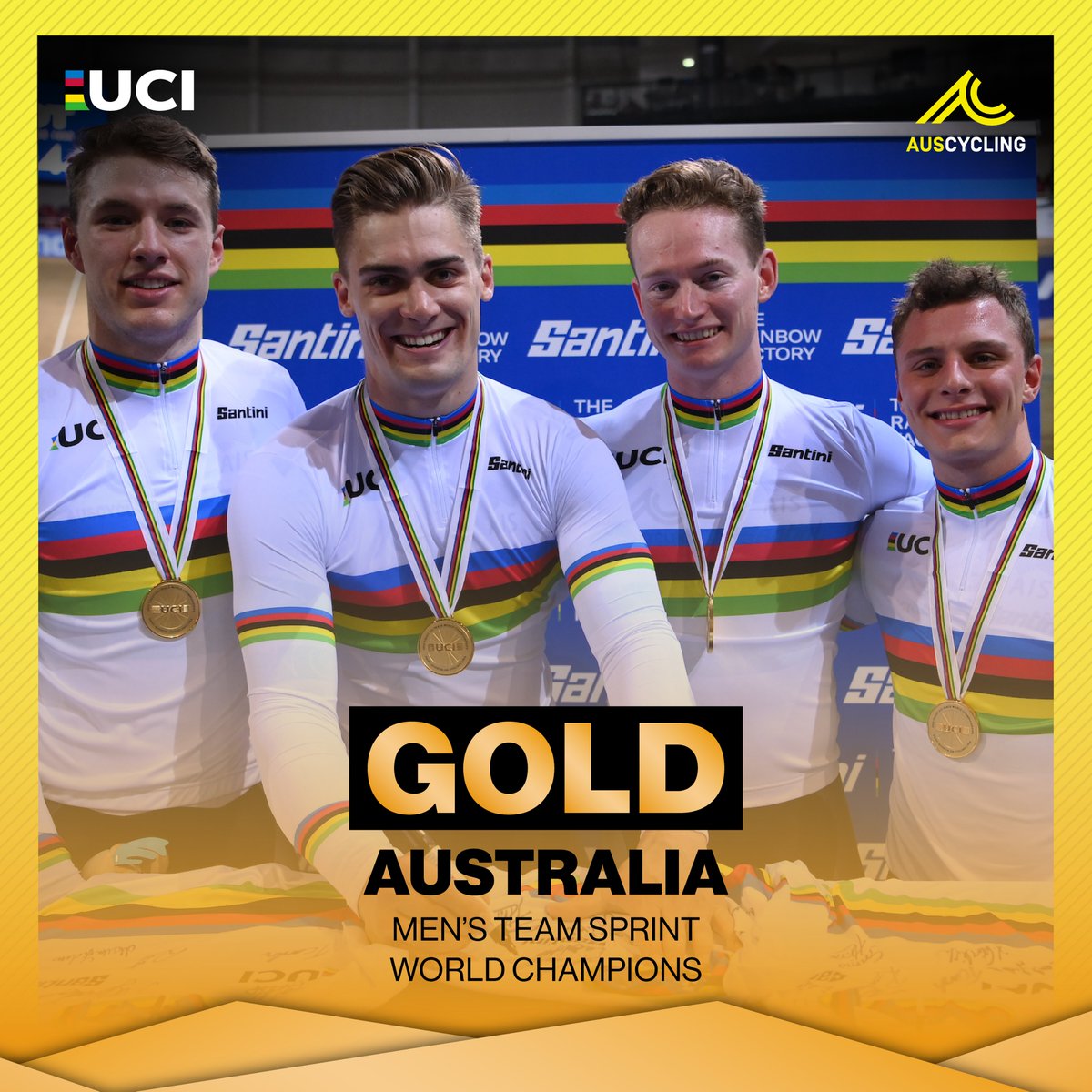 AusCyclingTeam's tweet photo. 🌈🇦🇺🌈 
WORLD CHAMPIONS!

An insane start to our #SQY2022 campaign in France, winning the men's team sprint with Leigh Hoffman, @Matty__Richo, @MatthewGlaetzer and Thomas Cornish in a time of 41.6 to unseat Netherlands' four-year dominance.

@AusCyclingAus · #AusCyclingTeam https://t.co/8r50E2kDaj