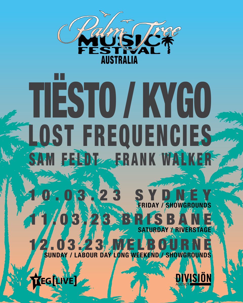 Palm Tree Music Festival is headed to Australia! Join @KygoMusic @tiesto @lostfrequencies @samfeldt @frankwalker & more! Tickets on sale 10/20 9AM AEDT. Exclusive pre-sale available to @palmtreecrew VIP subscribers. Make sure your’e signed up for PTC emails + texts. 🌴