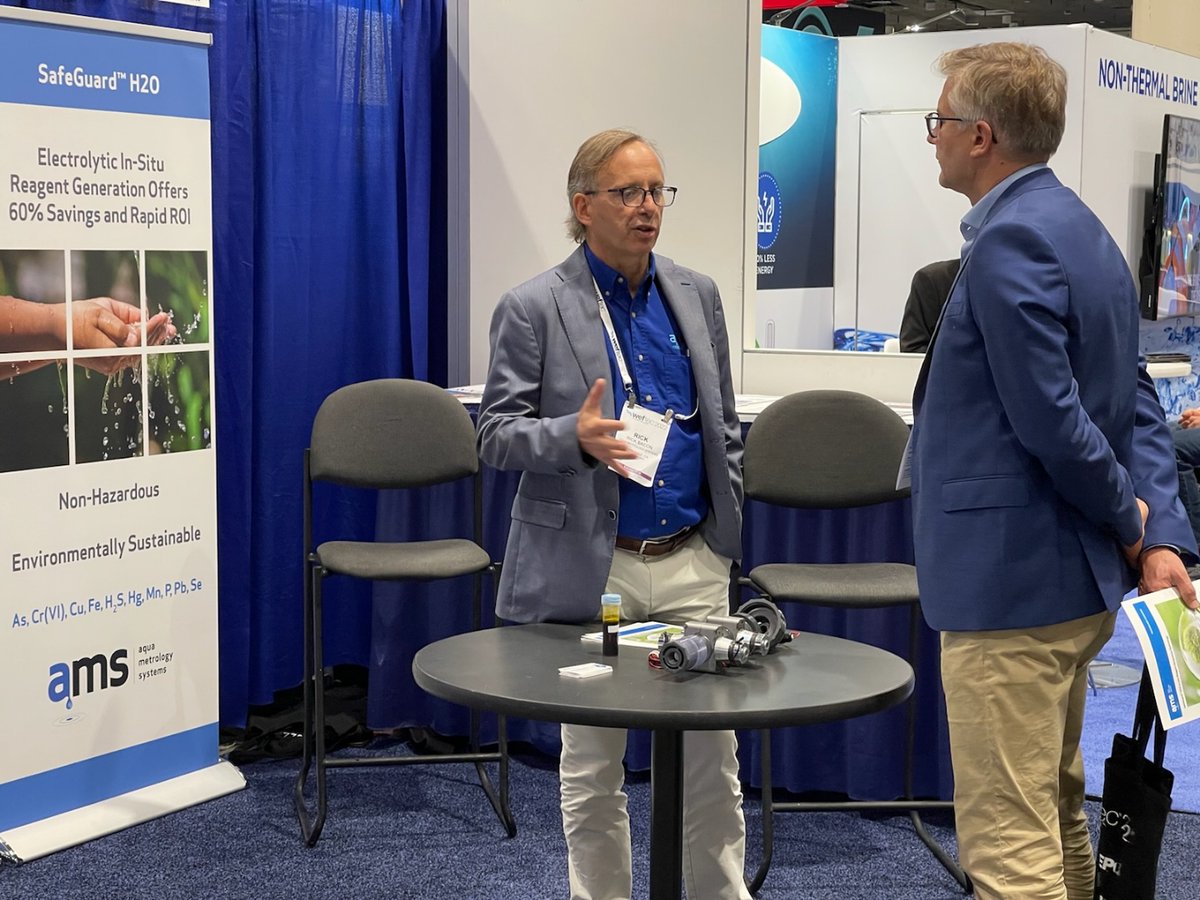 AquaMetrology's tweet photo. Helge Daebel, partner at Emerald Technology Ventures – active investors in the #water industry with a focus on #sustainability, and AMS CEO Rick Bacon at #WEFTEC 2022. https://t.co/3Tf9GyQ31p
