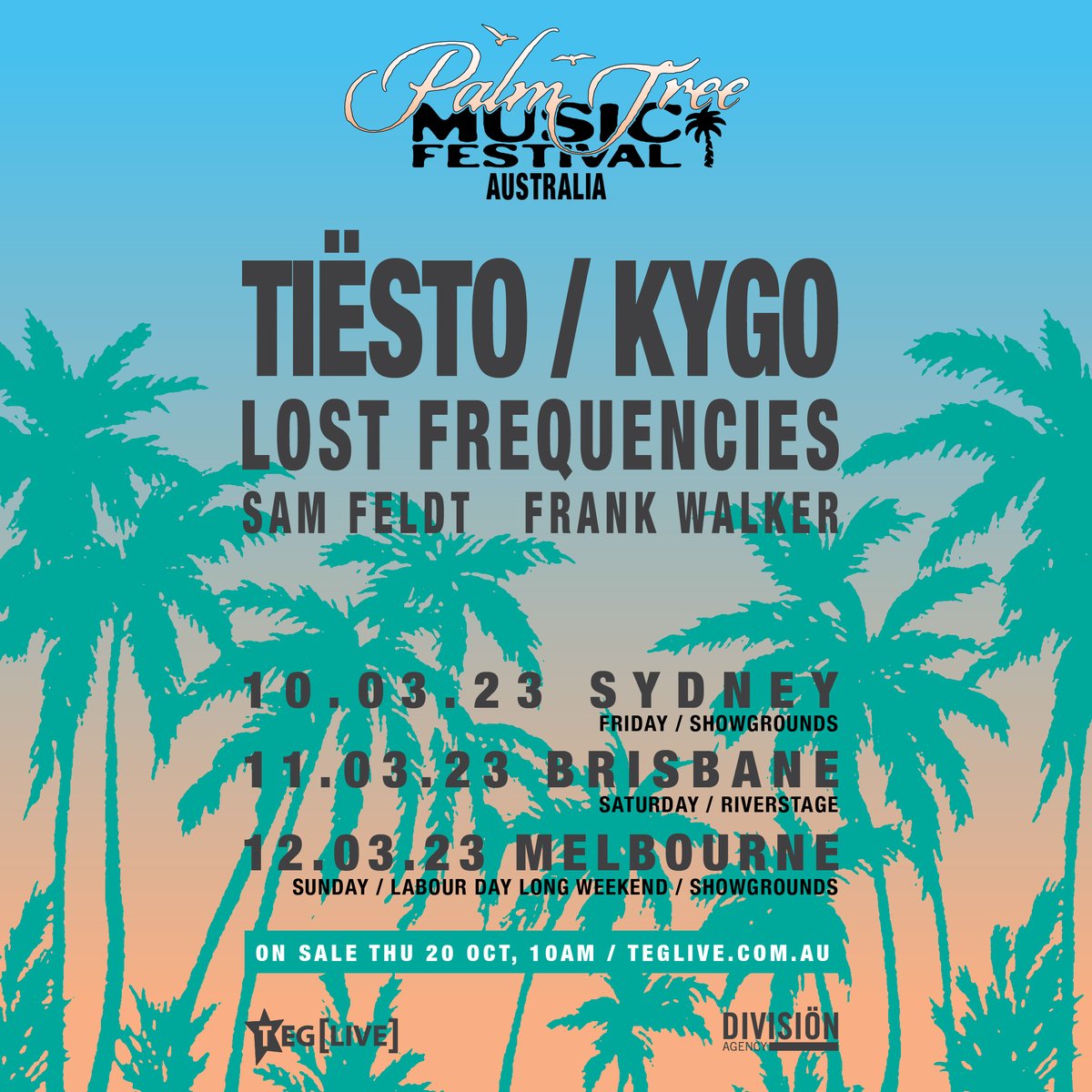 Kygo (@kygomusic) on Twitter photo Palm Tree Music Festival is coming to Australia! Bringing along some friends <a href="/tiesto/">Tiësto</a> <a href="/LFrequencies/">Lost Frequencies</a> @SamFeldtmusic & <a href="/DJFrankWalker/">Frank Walker</a>! Tickets on sale 10/20 9AM AEDT.
Exclusive pre-sale available to Palm Tree Crew VIP subscribers 🌴 Palm Tree Music Festival is coming to Australia! Bringing along some friends <a href="/tiesto/">Tiësto</a> <a href="/LFrequencies/">Lost Frequencies</a> @SamFeldtmusic & <a href="/DJFrankWalker/">Frank Walker</a>! Tickets on sale 10/20 9AM AEDT.
Exclusive pre-sale available to Palm Tree Crew VIP subscribers 🌴